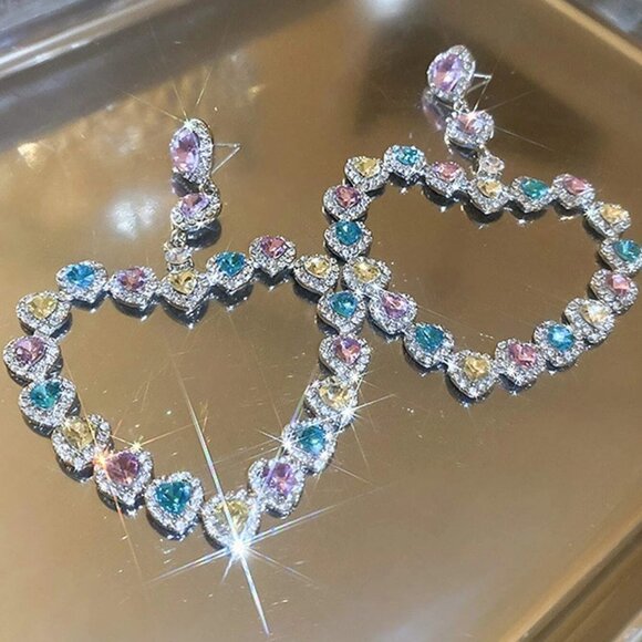 Boho Womens Rhinestone Heart Decor Earrings Silver - Picture 1 of 4